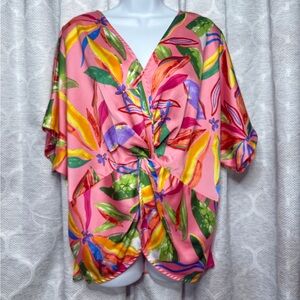 Umgee Womens Medium Tropical Floral Blouse Pink Boho Top